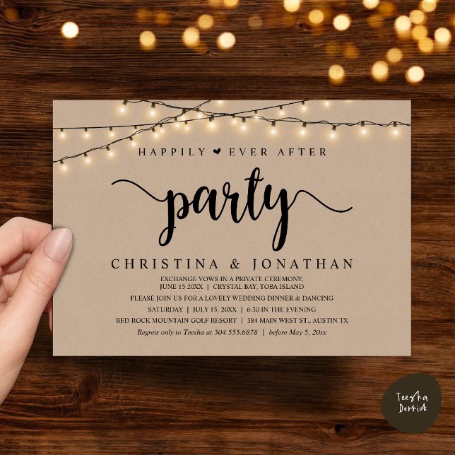 Invitation Elopement Mariage Rustique, Heureusement Jamais Ap (Rustic Wedding Elopement, Happily Ever After Party Invitation Card, PDF, String Lights Brown Kraft)