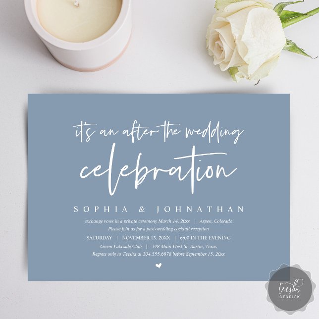 Invitation Elopement moderne, Après la célébration mariage (After the wedding celebration Invitation Card, Modern Dusty Blue Elopement Dinner, Party, Download)