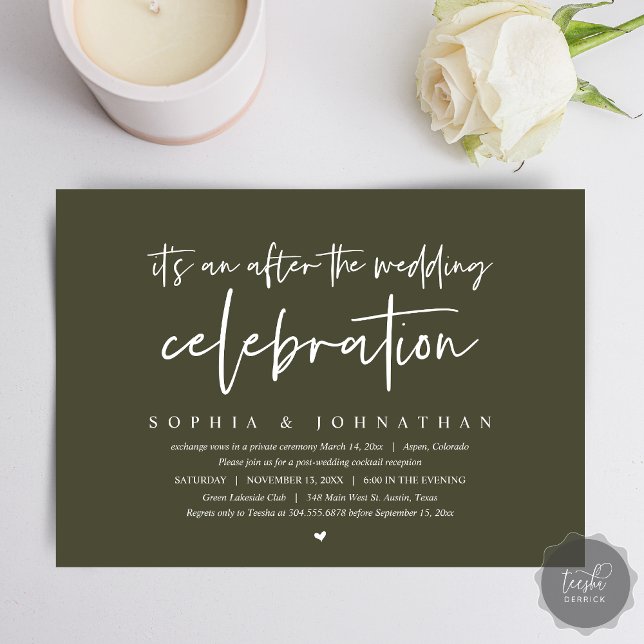 Invitation Elopement moderne, Après la célébration mariage (After the wedding celebration Invitation Card, Modern Olive Green Elopement Dinner, Party, Download)