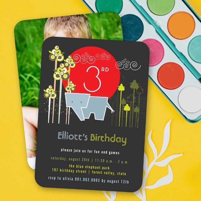 Invitation Élphant Bleu Dans La Fête D'anniversaire De Garçon (Blue Elephant In The Forest Kid's Birthday Party Photo Invitation Card @ fat_fa_tin)
