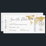 Invitation Embarquement Pass Enregistrer la date Gold World M<br><div class="desc">Passe d'embarquement enregistrer la date d'un mariage de destination avec une fausse carte du monde de feuille d'or, notre avion romantique avec un logo mariage coeur, et un tampon personnalisé de passeport de mariage avec vos noms, la date du mariage et l'emplacement. Toutes les polices, le texte et les couleurs...</div>