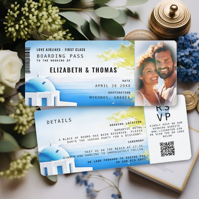 Invitation Embarquement Pass Grèce Destination Moderne Mariag (destination wedding invitation boarding pass greek islands sea sky watercolor modern trendy photo)
