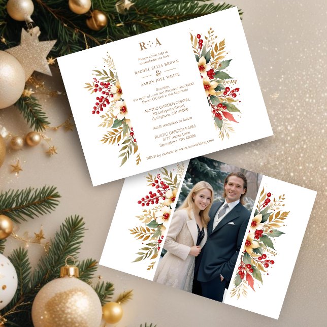 Invitation Embellished Christmas Botanicals Flowers Photo (Embellished Christmas Botanicals Flowers Leaves & Branches Photo Golden Wedding Invitations Cards.)