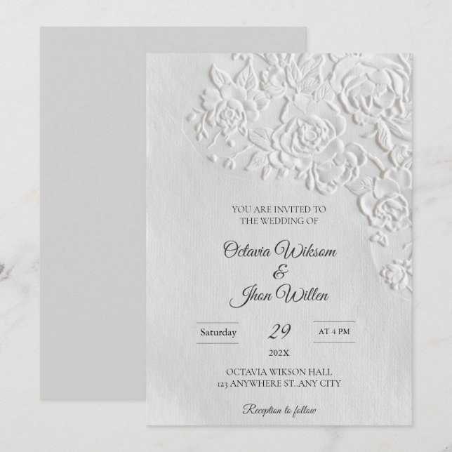 Invitation Embossed Roses Deckled Edge Sage Wedding (Devant / Derrière)