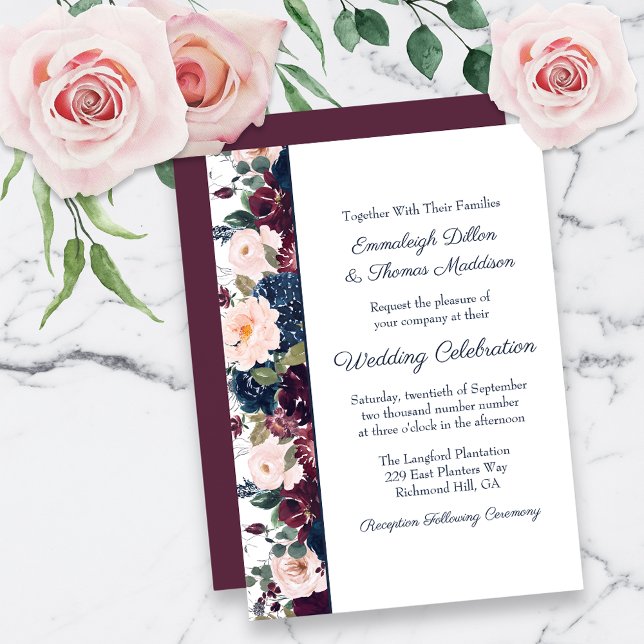 Invitation Embrassez le Mariage floral | Bleu de la marine de (Créateur téléchargé)