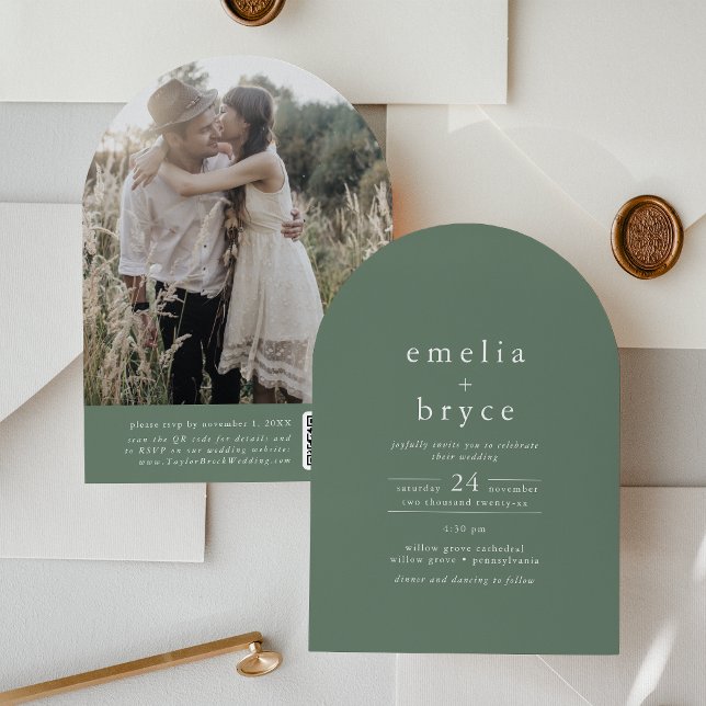 Invitation EMELIA QR Code Photo Arch Woodland Green Mariage (EMELIA QR Code Photo Arch Woodland Green Wedding Invitation)