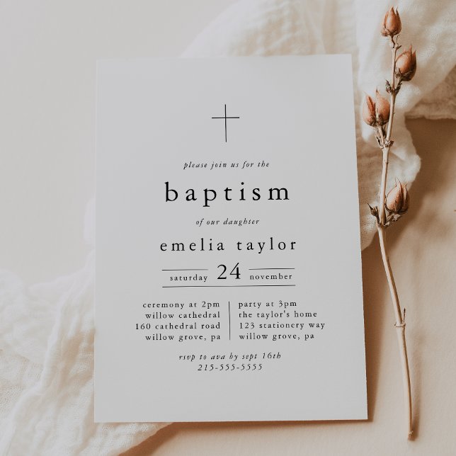 Invitation EMELIA Simple Moderne Chic Boho Minimaliste Baptêm (EMELIA Simple Modern Chic Boho Minimalist Baptism Invitation)