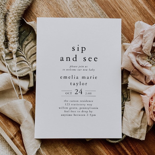 Invitation EMELIA Unique Neutre Boho Blanc noir Sip et voir (EMELIA Unique Neutral Boho White Black Sip and See Invitation)