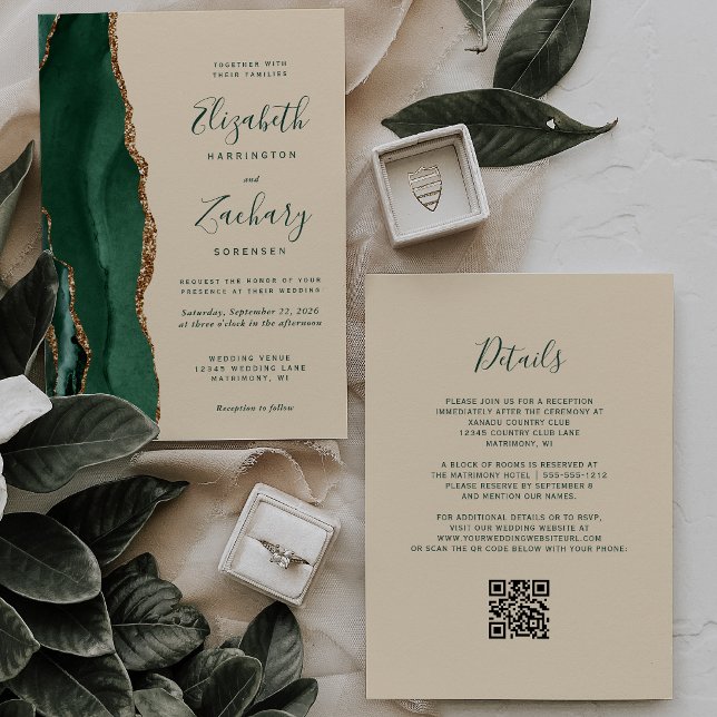 Invitation Emerald Agate Champagne QR Code Wedding (Créateur téléchargé)