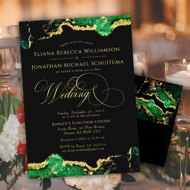 Invitation Emerald Black Gold Vintage Script Mariage numériqu (Emerald Black Gold Vintage Script Digital Wedding Invitation)
