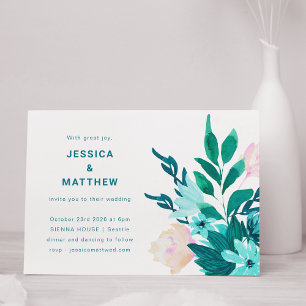 Invitation Emerald Blue Aquarelle Floral Minimaliste Mariage