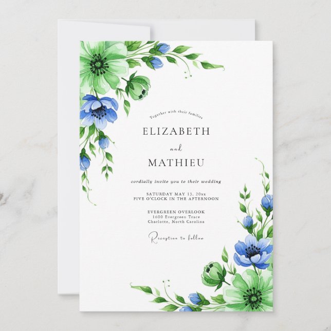 Invitation Emerald Blue Botanical Spring Wedding (Devant)