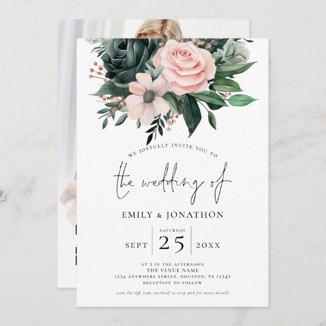 Invitation Emerald Blush Floral Photo Overlay QR Code Mariage (Devant / Derrière)