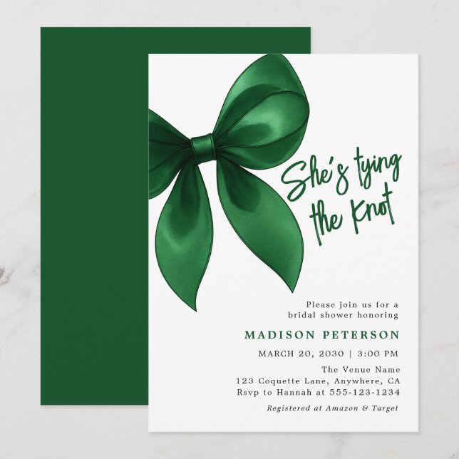 Invitation Emerald Bow Elle Noue le Nœud Réception de Mariage (Devant / Derrière)
