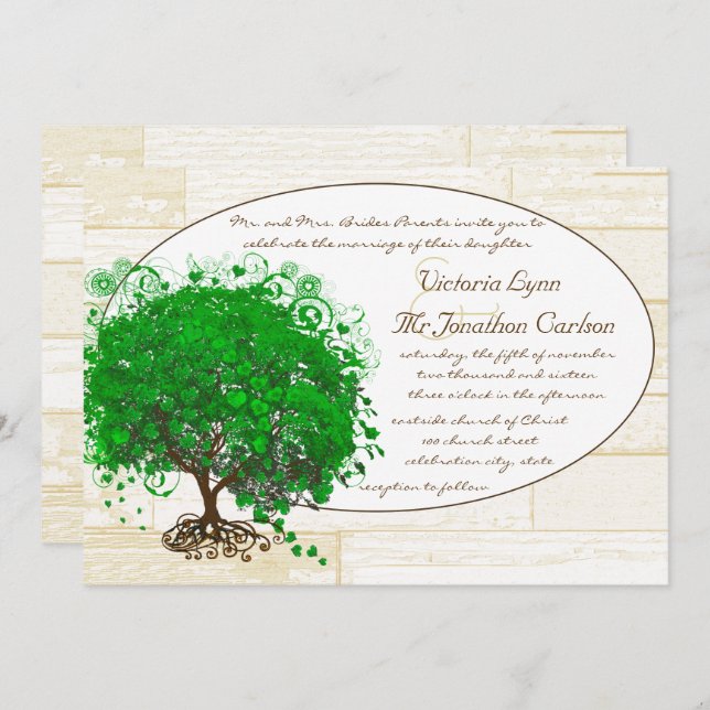 Invitation Emerald Coeur Feuille Arbre Grange Mariage en bois (Devant / Derrière)