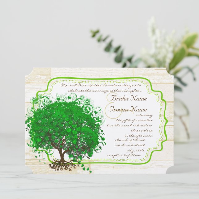 Invitation Emerald Coeur Feuille Arbre Grange Mariage en bois (Debout devant)