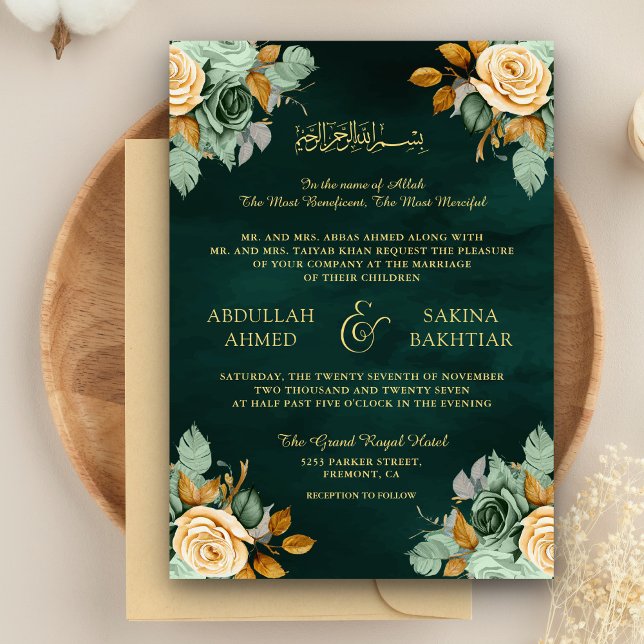 Invitation Emerald Cream Floral Gold QR Code Mariage musulman (Créateur téléchargé)