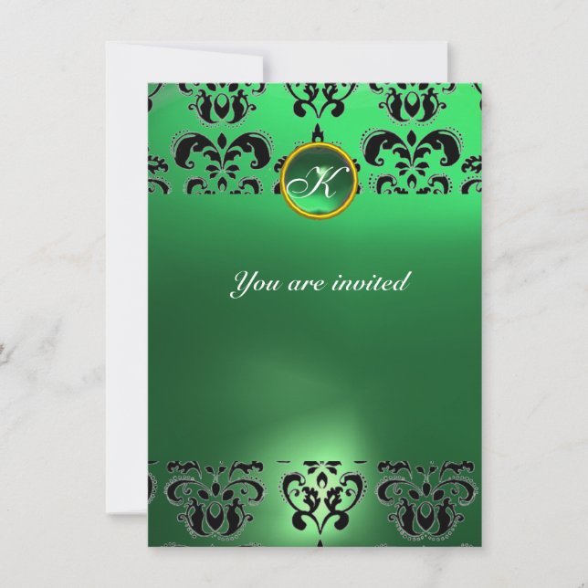 Invitation EMERALD DAMASK GEM PIERRE MONOGRAMME vert noir (Devant)