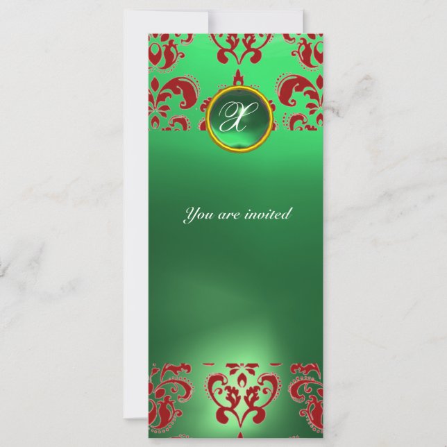 Invitation EMERALD DAMASK GEM PIERRE MONOGRAMME vert rouge (Devant)