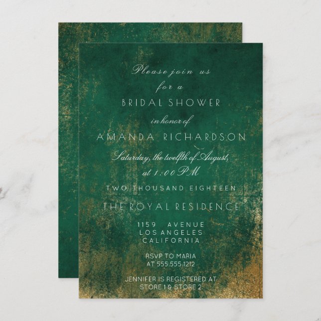 Invitation Emerald Deep Green Distressed Grungy Gold Bride (Devant / Derrière)