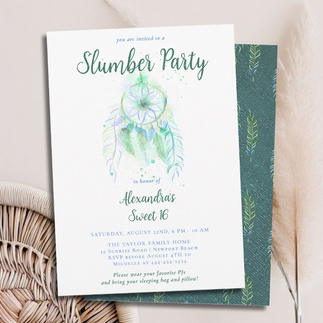 Invitation Emerald Dream Catcher Stwood PJ Party Sweet 16 (sweet 16 slumber party invitation birthday pj sleep over dreamcatcher emerald green watercolor boho)