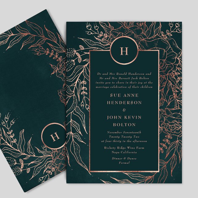 Invitation Emerald Dusty Rose Gold Monogram Mariage Wreath (Créateur téléchargé)
