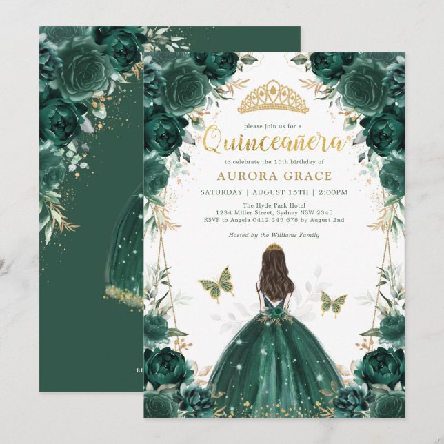 Invitation Emerald Enchanted Forest Quinceañera Princess (Devant / Derrière)
