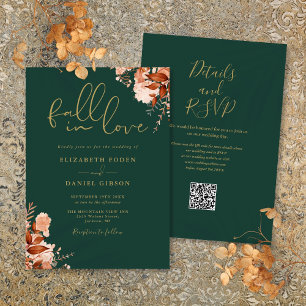 Invitation Emerald Et Gold Rustic Floral Code QR Mariage