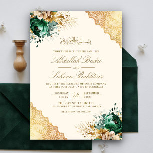 Invitation Emerald Floral Gold Lace Crème Mariage Musulman