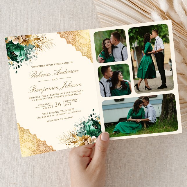 Invitation Emerald Floral Gold Lace QR code Cream Wedding (Créateur téléchargé)