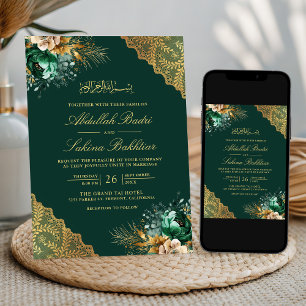 Invitation Emerald Floral Or dentelle verte Mariage musulman