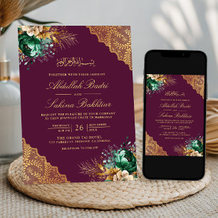 Invitation Emerald Floral or en dentelle Plum Mariage musulma