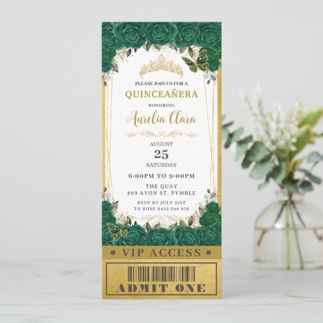 Invitation Emerald Floral Quinceañera Sweet 16 VIP Ticket (Debout devant)