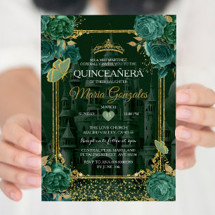 Invitation Emerald Floral Vert Quinceañera Papillon