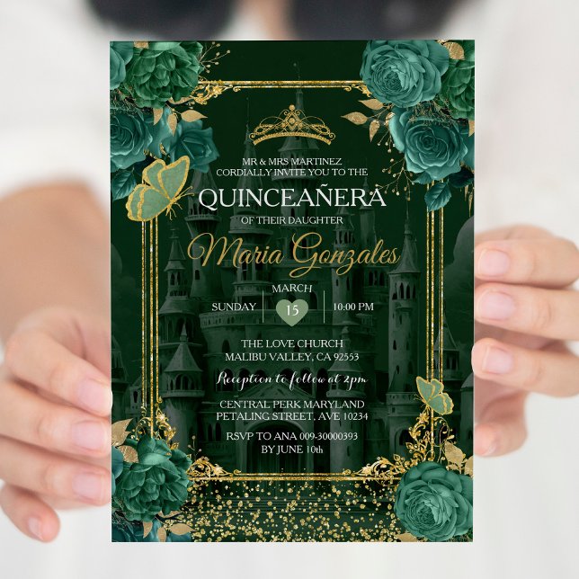 Invitation Emerald Floral Vert Quinceañera Papillon (Créateur téléchargé)