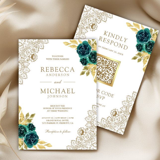 Invitation Emerald Floral White Gold Lace QR Code Wedding (Créateur téléchargé)