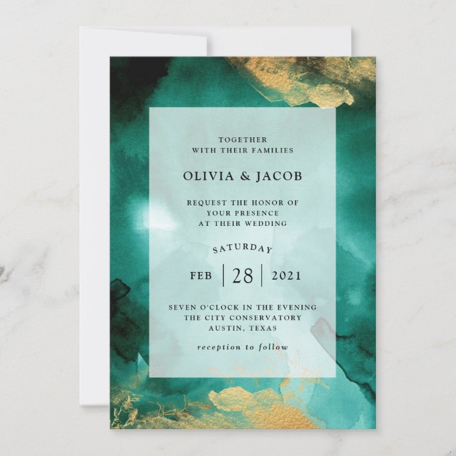 Invitation Emerald Glamor | Aquarelle et Mariage or (Devant)