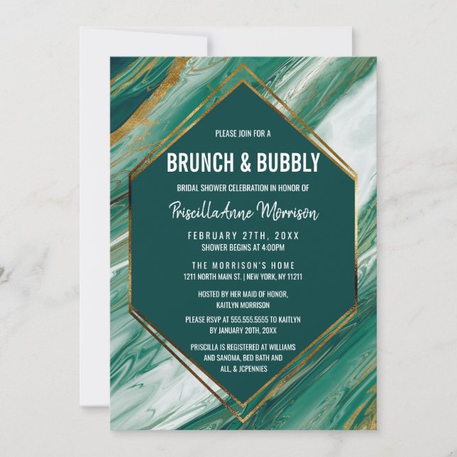 Invitation Emerald Gold Abstrait Agate Marbre Brunch Bubbly (Devant)