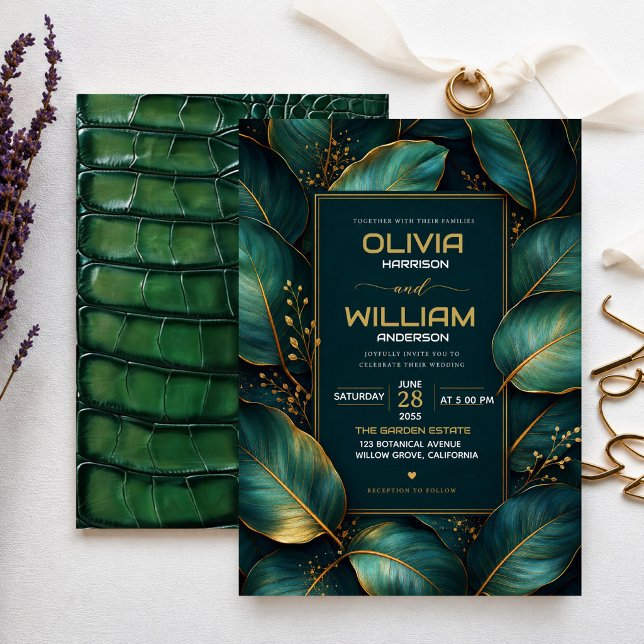 Invitation Emerald Gold Botanical Luxury Green Leaf  (Créateur téléchargé)