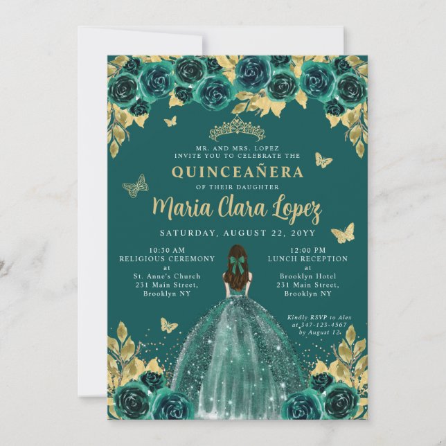 Invitation Emerald Gold Floral Butterfly Princess Quinceanera (Devant)