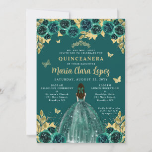 Invitation Emerald Gold Floral Butterfly Princess Quinceanera