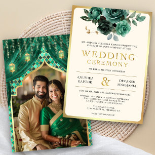 Invitation Emerald Gold Floral Indian Hindu Photo Mariage