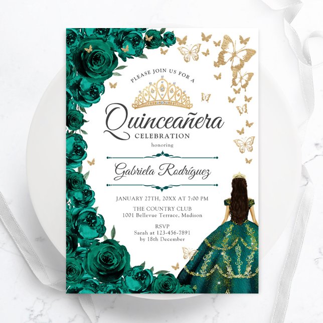 Invitation Emerald Gold Floral Quinceanera (Créateur téléchargé)