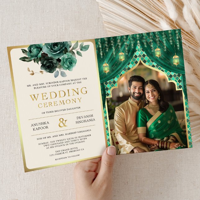 Invitation Emerald Gold Floral rideau Mariage indien hindou (Créateur téléchargé)