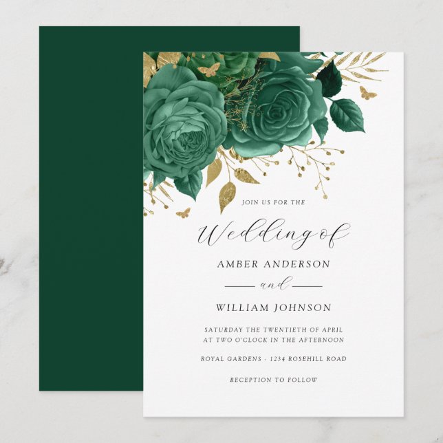 Invitation Emerald Gold Floral Rose Wedding   (Devant / Derrière)