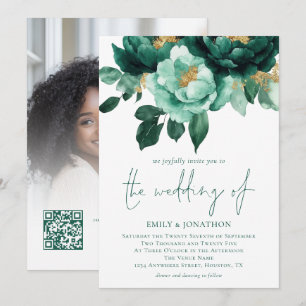 Invitation Emerald Gold Florals Photo QR Code Mariage
