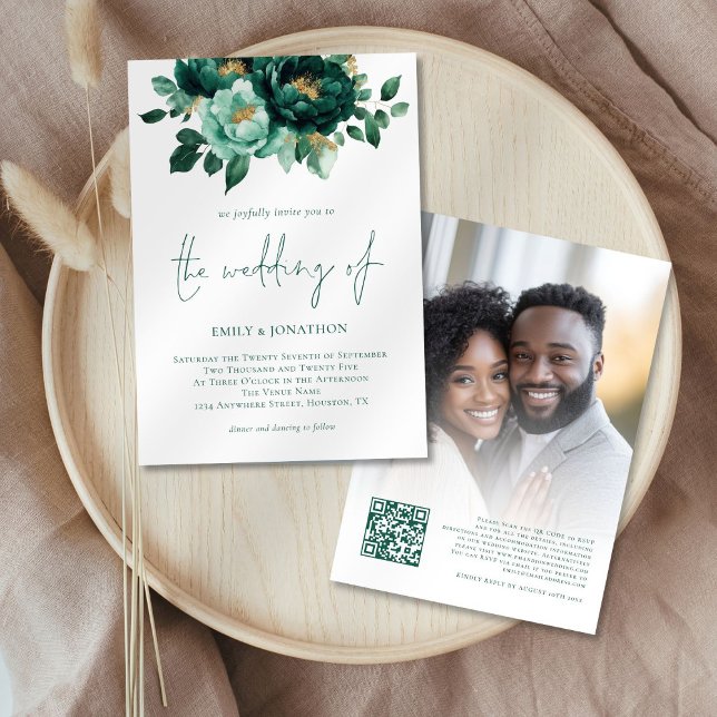 Invitation Emerald Gold Flowers Photo QR Code Mariage (Front and back view)