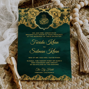 Invitation Emerald Gold Foil Lace Islamic Muslim Wedding