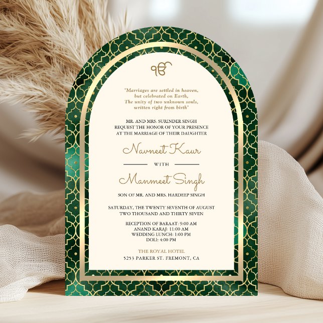 Invitation Emerald Gold Marocain QR Code Sikh Arch Mariage (Créateur téléchargé)