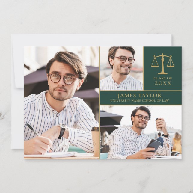 Invitation Emerald Green 3 Photo Law School Graduation Party (Devant)